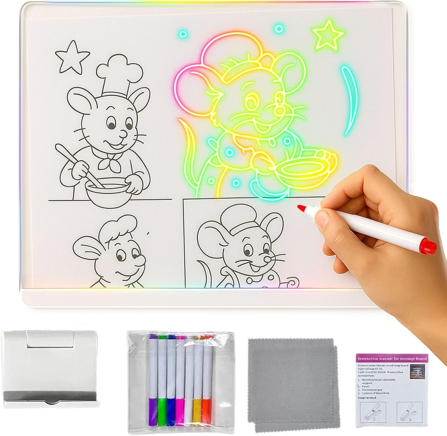 1 PC Led Drawing Board 7 Colors Light, 7.8" X 11.8" Light Up Acrylic Dry Erase Board with 7 Markers, Adapter, 4 Drawing Books