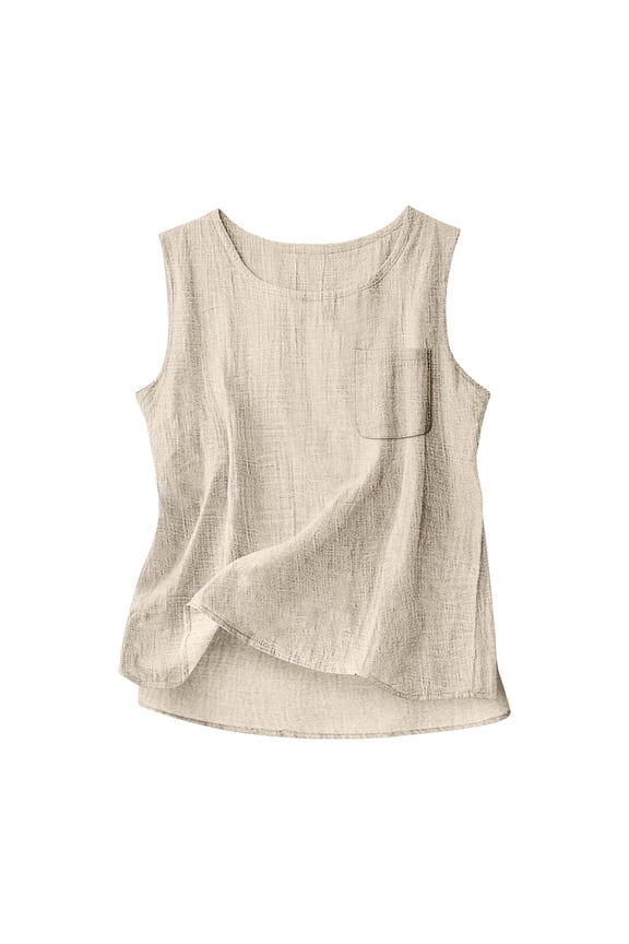 1 PC Loose Tank Tops for Women Cotton Round Neck Front-Short Back-Long Left Chest Pocket Breathable Top Sleeveless Tops for Women
