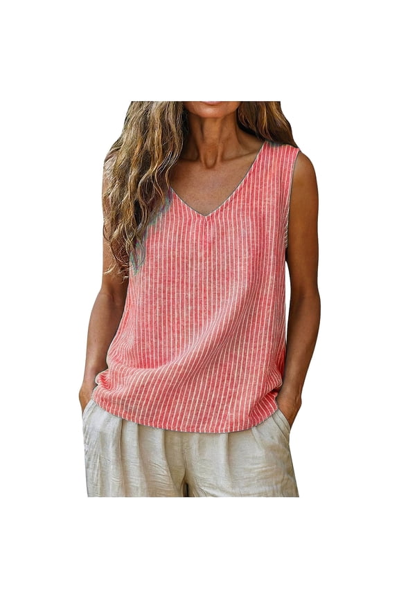 1 PC Loose Tank Tops for Women Striped Sleeveless V-Neck Loose Blouse Sleeveless Tops for Women