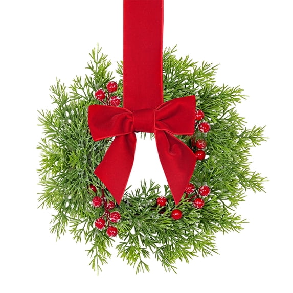1 PC Mini Christmas Kitchen Cabinet Wreath, Faux Norfolk Pine with Red Berries & Red Ribbon Bow, Small Xmas Artificial Wreath Decoration for Festival Home Table Centerpiece Front Door Decor