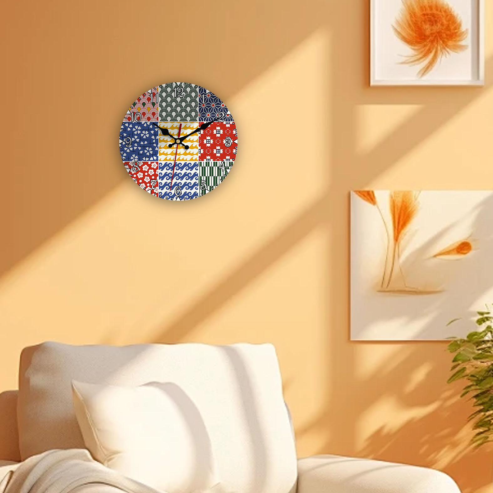1 PC Oriental pattern clock, 20*20CM round aluminum battery clock ...