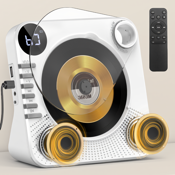 1 PC Player with Bluetooth 5.1, Desktop Player with Speakers, Remote Control, USB, AUX, LED Display, Sleep Timer, White