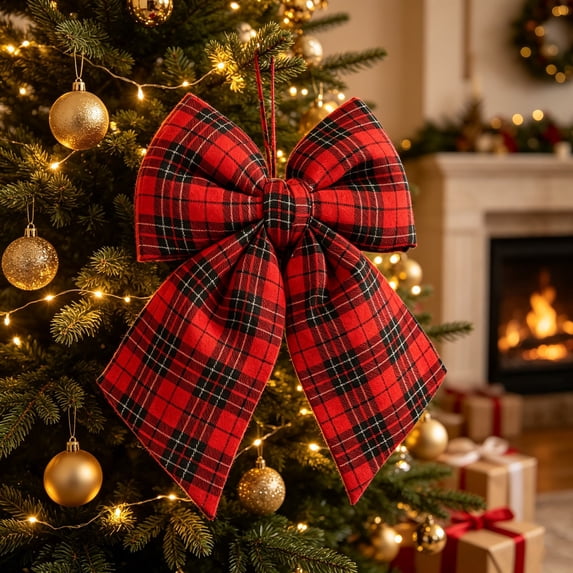 1 PC Red Black White Plaid Christmas Bow, 11.81 x 9.84 Inch Wired Ribbon Bow for Tree, Wreath, Mantel, Door, Garland & Holiday Decor