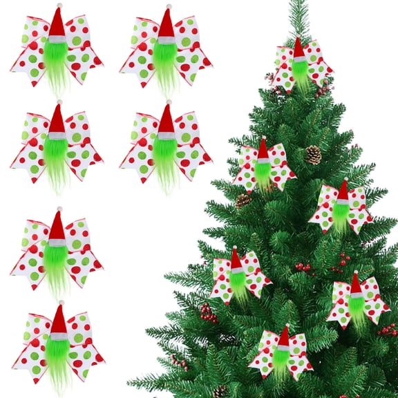 1 PC Red Green Christmas Bows Decoration, 5.3x7.8 Inch Large Christmas Tree Wreath Bows with Santa Hat and Gnome, Gift Glitter Bows for Xmas DIY Crafts Party Ornaments (F)