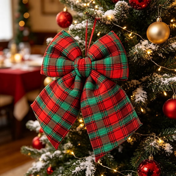 1 PC Red Green Plaid Christmas Bow, 30 x 25 cm Wired Ribbon Bow for Tree, Wreath, Garland, Door, Mantel & Holiday Decor