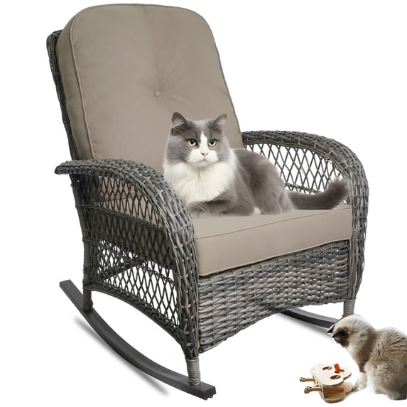 1 PC Rocking Chair Outdoor,Patio Furniture Modern Rattan Chair Conversation with Cushions & Glass Table for Garden,Backyard,Bistro.Brown
