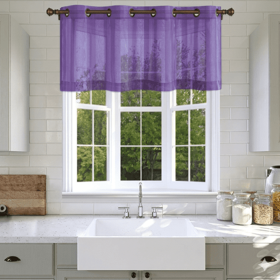 Gorgeous Home Linen Window Valance, Sheer Voile, Bronze Grommets, 50 x 18 in Purple