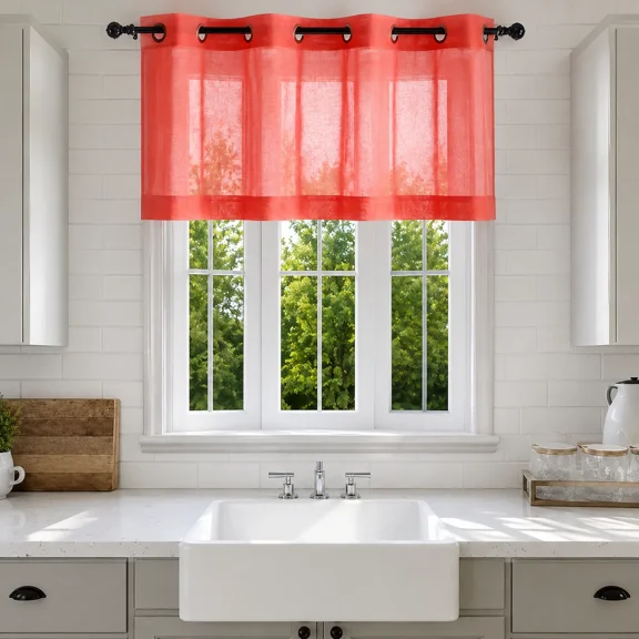 Gorgeous Home Linen Window Valance, Sheer Voile, Bronze Grommets, 50 x 18 in Red