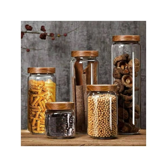 1 PC Small Glass Storage Jars With Airtight Lids, Coffee Container With Wooden Lid, Glass Pantry Canister For Beans, Rice,Sugar