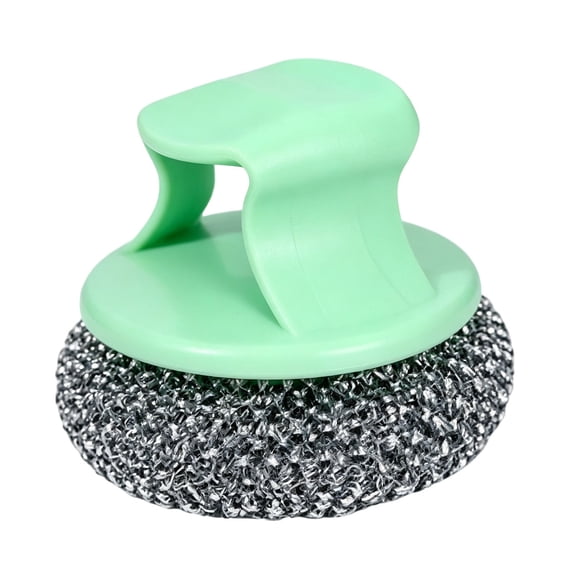 1 PC Steel Wool Scrubber Sponge with Plastic Handle, Barbecue Grill Cleaning Brush with Ergonomic Handle Stainless Steel Dish Scrubber for Cast Iron, Pots, Pans, Grill, Stoves, Sink