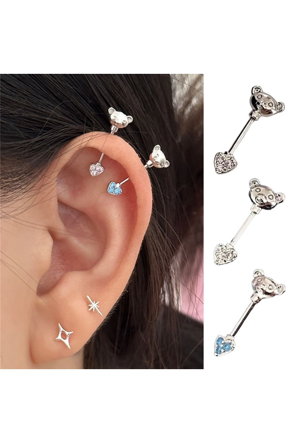 1 PC Stud Earrings Cartoon Bear And Heart Shape Shiny Cubic Zirconia Cartilage Earrings for Club Parties Theadless Nose Ring