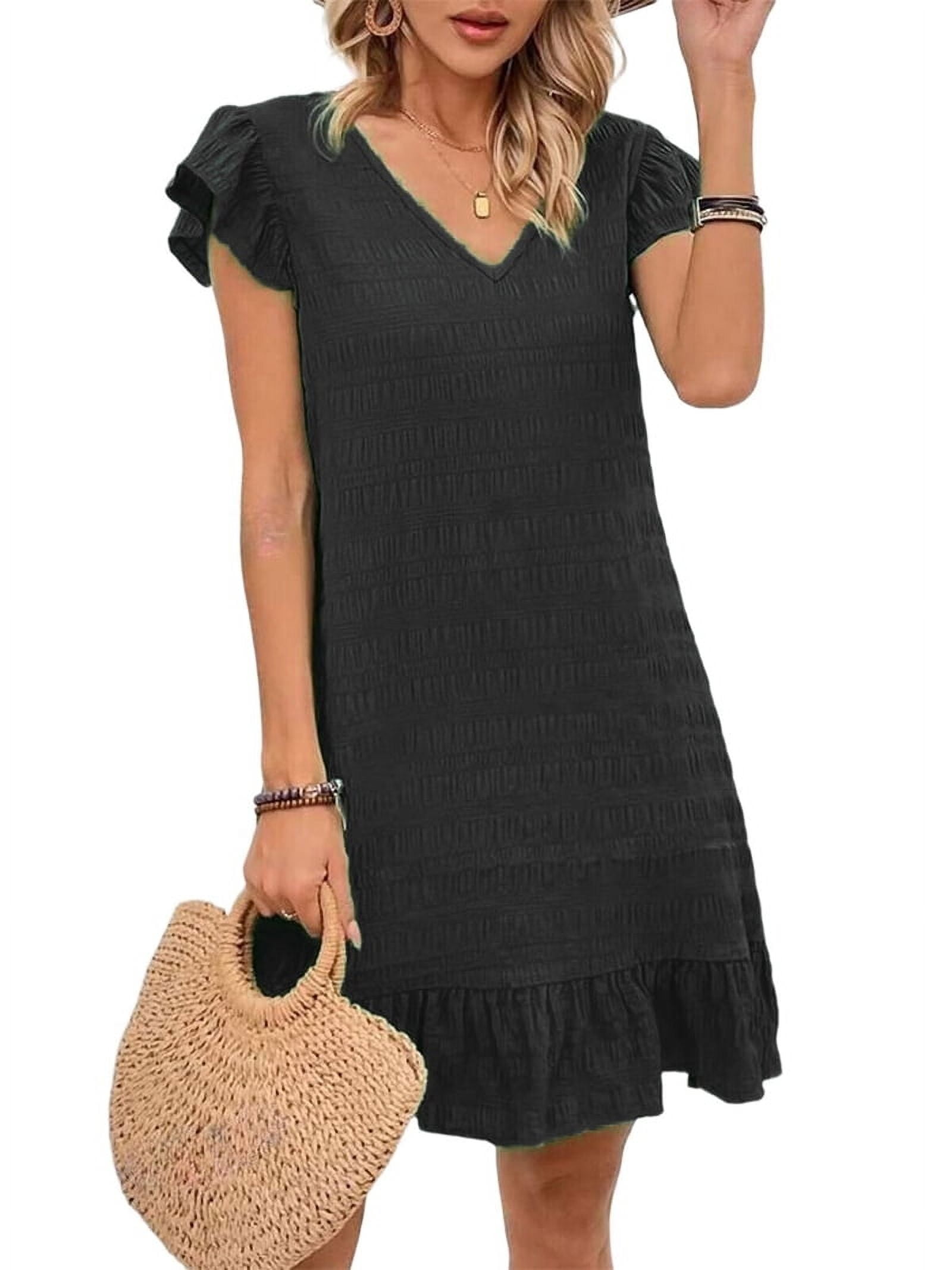 SOLY HUX Women's Summer Dress - V-Neck Cap Sleeve Ruffle Hem Smock Dress