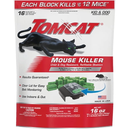 Tomcat Mouse Killer Refillable Station, Includes 1 Bait Station with 16, 1-oz. Baits - Child & Dog Resistant - Use Indoors & Outdoors to Kill Mice
