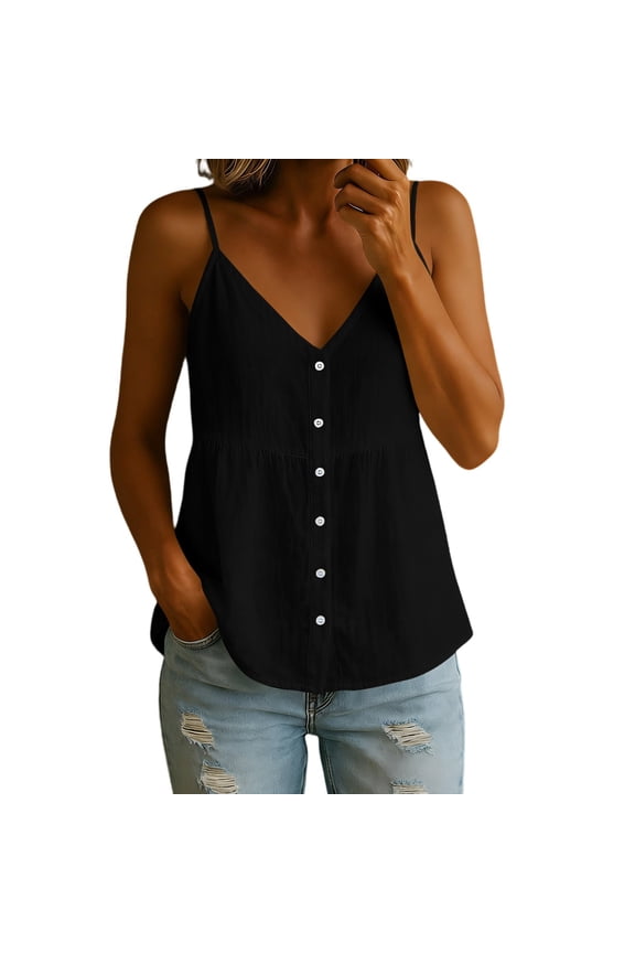 1 PC Undershirts for Women Cotton Linen V-Neck Button Front Sleeveless Loose Casual Top Sleeveless Tops for Women
