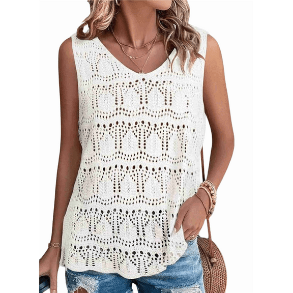1 PC Women Summer Tank Tops Trendy V Neck Crochet Sleeveless Shirts Sweater Vest White M