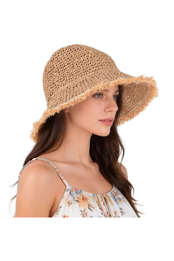 1 PC Women's Straw Bucket Hat - UV Protection Lightweight Packable Sun Hat for Outdoor Beach Travel Hiking