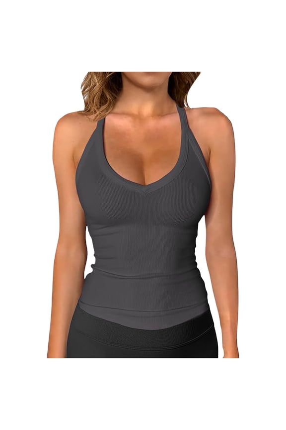 1 PC Womens Summer Outfits Racerback Basic Tank V-Neck Slim Fit Ribbed Sleeveless Top Sleeveless Tops for Women