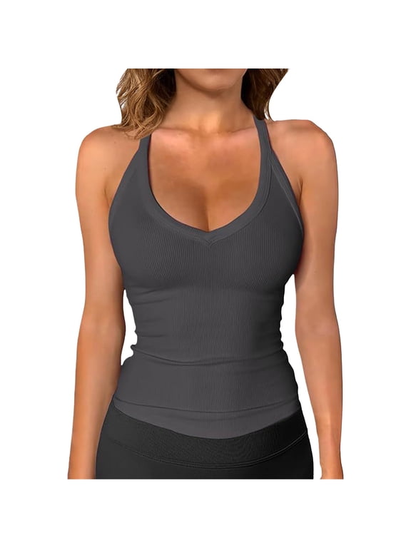 1 PC Womens Summer Outfits Racerback Basic Tank V-Neck Slim Fit Ribbed Sleeveless Top Sleeveless Tops for Women