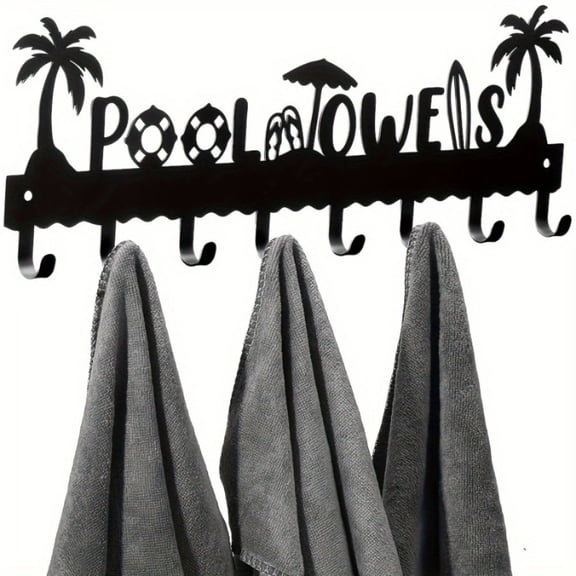 1 PC A very practical modern pool towel rack made of handmade iron with 8 hooks for storage, rust proof wall mounted spa beach decoration, black coati