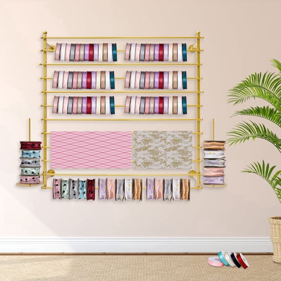 1 PCS 120*20*120cm/47.24*7.87*47.24in Wall-Mounted Display Rack, Wrapping Paper Ribbon Holder, Organizer for Flower Shop Sewing Tool Thread Scarf Tie(Gold), 12 Rods
