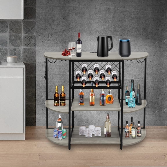 1 PCS 120*40*91cm/47.24*15.75*35.83in Gray Wine Rack Table with LED Light & Outlet, Modern Coffee Bar Cabinet Floor Table