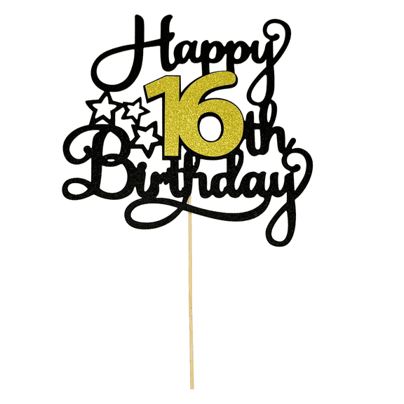 1 PCS 16th Happy Birthday Cake Topper Black Gold Glitter Cheers to 16 Years Birthday Cake Pick Cake Decoration for Celebrating Anniversary Theme Party