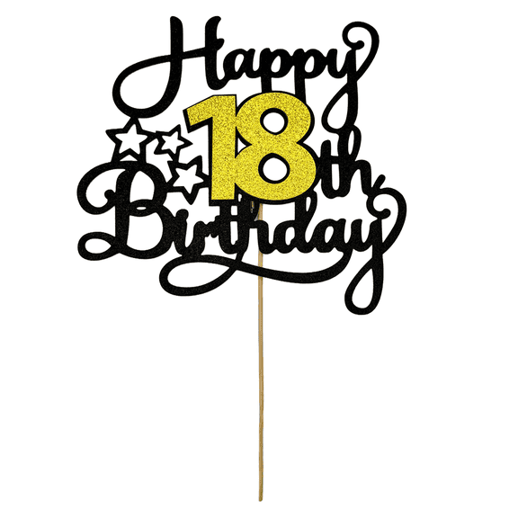 1 PCS 18th Happy Birthday Cake Topper Black Gold Glitter Cheers to 18 Years Birthday Cake Pick Cake Decoration for Celebrating Anniversary Theme Party