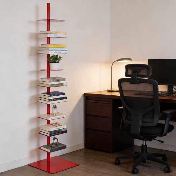 1 PCS 39*175cm/15.4*68.9in Red Metal Spine Bookshelf, 9-Tier Vertical Bookshelf, Rotatable Vertical Bookshelf for Small Spaces