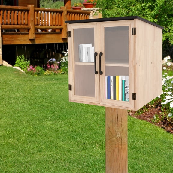 1 PCS 47*47*47cm/18. 5*18. 5*18. 5inch Library Book Box, Wooden Book Cabinet, Literature Exchange Cabinet for Sharing Book, Wood Color+ Black