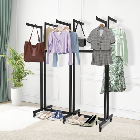 1 PCS 6 Arms Clothing Retail Rack, Garment Rack with Wheels, Adjustable Shirt Rack,  suitable for storing long-sleeved, short-sleeved, coats, dresses, scarves