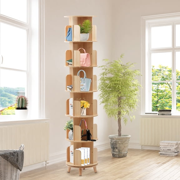 1 PCS 6 Tiers Rotating Bookshelf 360 Display Floor Standing Bookcase Storage Rack Multi-Functional Bookshelf Organizer