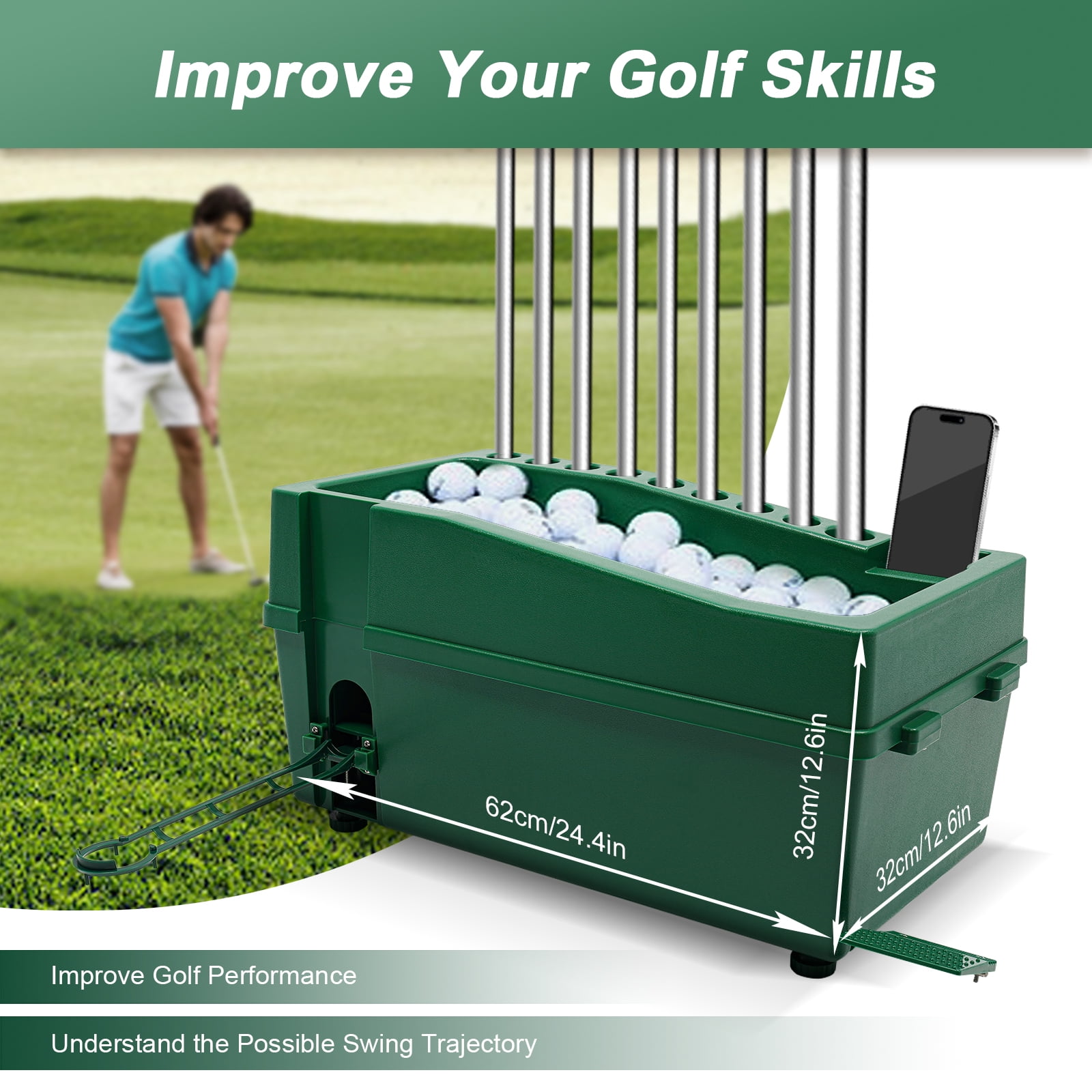 1 PCS 62*32*32cm/24.4*12.6*12.6in Automatic Golf Tee Machine, Green