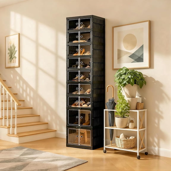 1 PCS 9 Layers Black Plastic Foldable Retail Shoe Display Racks With Transparent Door, Big Capacity Collapsible Shoe Cabinet Organizer, For Entrance, Entryway, Bedroom, Kitchen, Living Room