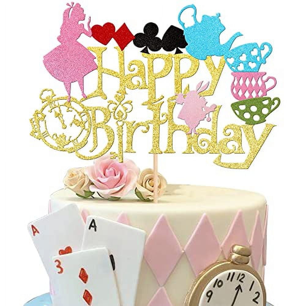 1 PCS Alice in Wonderland Birthday Cake Topper Glitter Magical Poker Bunny Bowl Clock Fairy Happy Birthday Cake Pick for Baby Shower Kids Girls Birthday Tea Party Cake Decorations Supplies