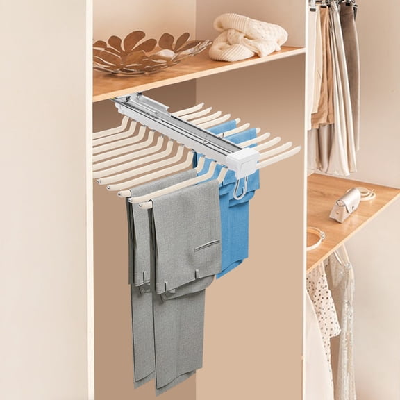 1 PCS Beige Pull Out Trousers Rack, Closet Pants Rack, Double-Row Pants Rack, 22 Hanging Rods, Suitable for Hanging Jeans, Shorts, Skirts, Slacks, Ties