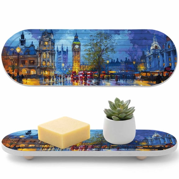 1 PCS Big Ben Water Absorbent Diatomite Coasters Urban Street Red Bus Impressionist Non-silp Diatomite Stone Sink Tray with Grooved Design for Bathroom Kitchen Counter 12x4in
