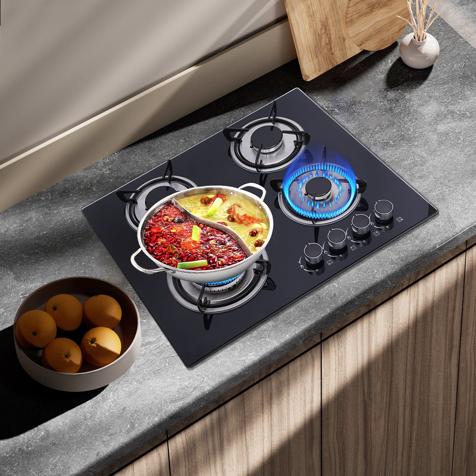 1 PCS Black 4 Burner Gas Cooktops, Used in Homes, Hotels, Restaurants, for Frying, Boiling, Stewing and Braising