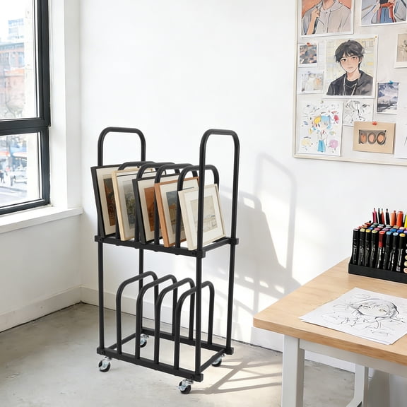 1 PCS Black Art Canvas Storage Rack, Double-Tier Rolling Art Canvas Mobile Organizer, Heavy-Duty Storage Stand with Wheels for Art Studio