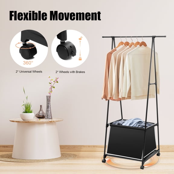 1 PCS Black Clothes Rack with Laundry Basket, Rolling Coat Rack, Clothes Rack with Wheels, Total Load Capacity: About 15kg/33.07lbs