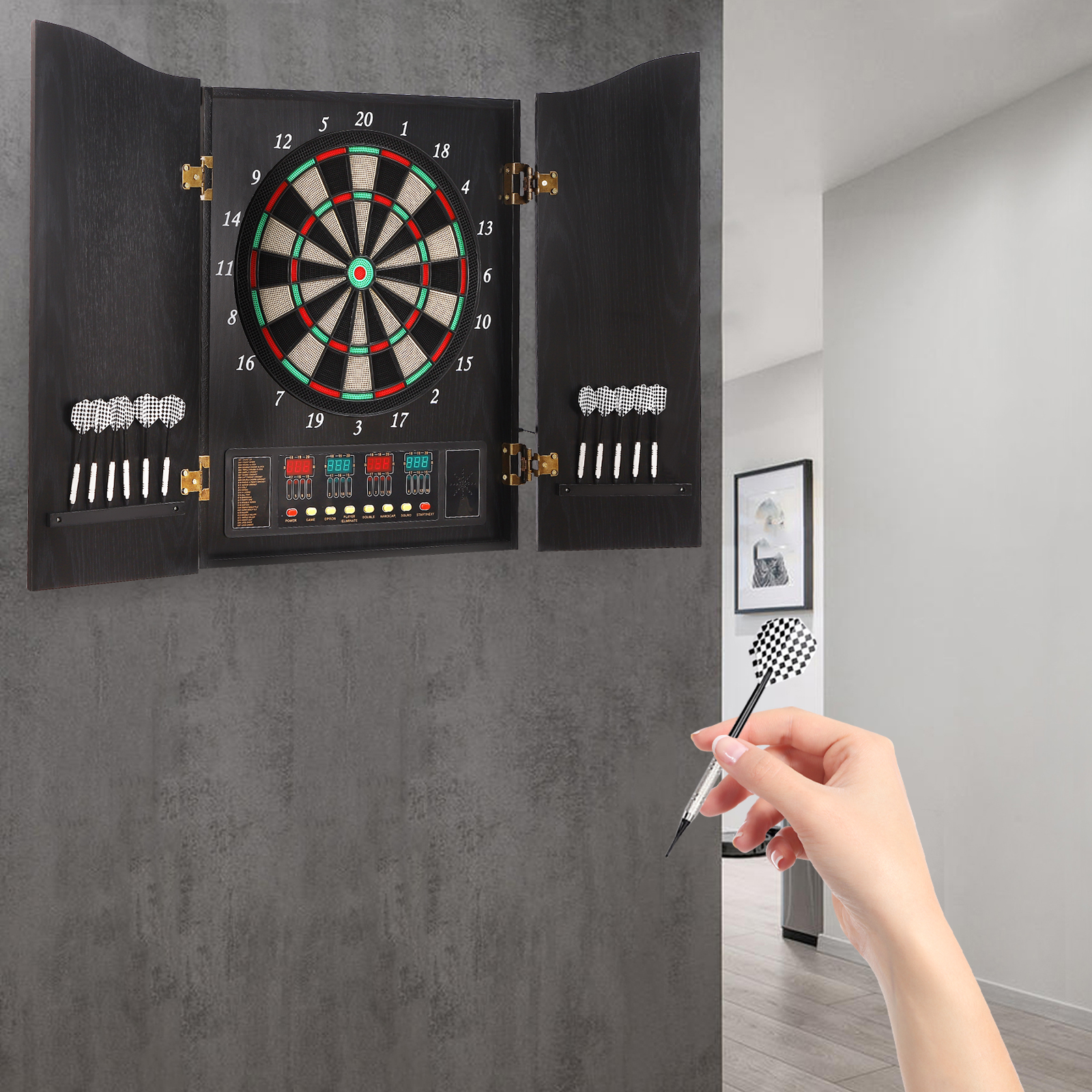 1 PCS Black Electronic Dart Machine, Decorative Dartboard Cabinet Set, Dartboard Cabinet(Folded)