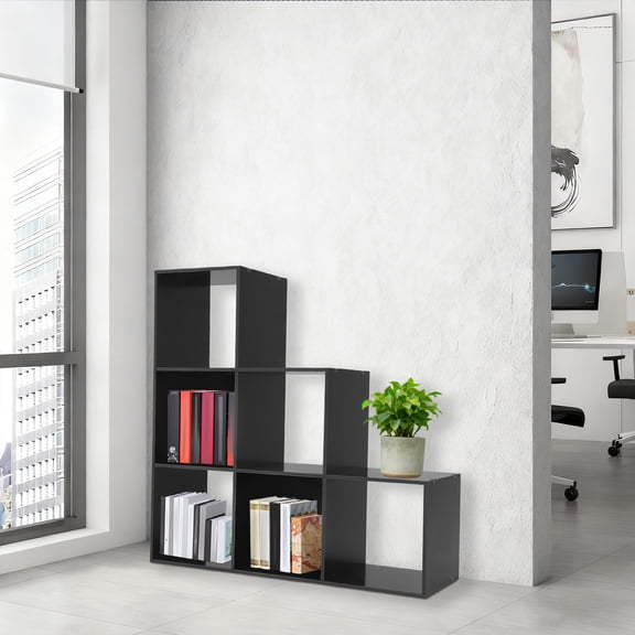 1 PCS Black L-Shaped Storage Bookcase, 6-cube L-Shaped Corner Shelf for Home/Office, Freestanding L-Shaped Stepped Bookcase, 6 Compartments