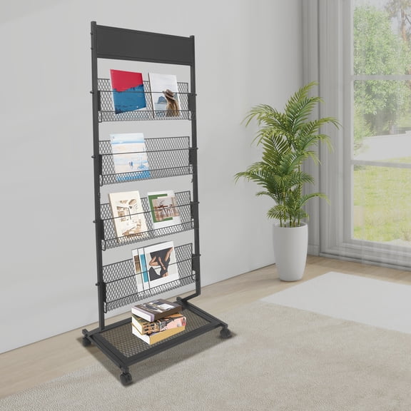 1 PCS Black Magazine Display Stand, Floor Standing Magazine Rack, Brochure Display Stand with 4 Wheels, Total Load capacity: 30 kg/66.14lbs