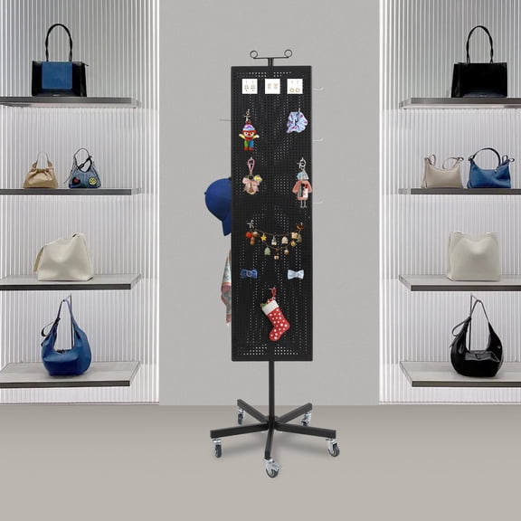 1 PCS Black Triangular Pegboard Panels Display with Base, Pegboard Display Stand with Wheels, Metal Pegboard Display Stand