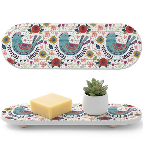 1 PCS Blue Birds Water Absorbent Diatomite Coasters Nordic Style Folk Art Red Daisy Flower Leaf Starburst Non-silp Diatomite Stone Sink Tray with Grooved Design for Bathroom Kitchen Counter 12x4in