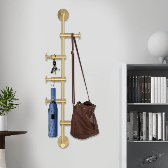 1 PCS Brassy Color Wall-mounted  Coat Rack, Coat Rack with 5 Adjustable Hooks, Wall Mounted Vertical Coat Rack, Suitable for entryways, bedrooms, cloakrooms, hallways, dressing rooms