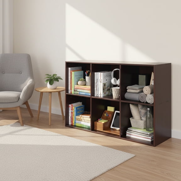 1 PCS Brown Solid Wood Bookcase with Storage Shelves, Modern Floor Bookshelf, Cube Storage Organizer, 6 Compartments, Each Tier Load-bearing Capacity: 15-20kg/33-44 lbs