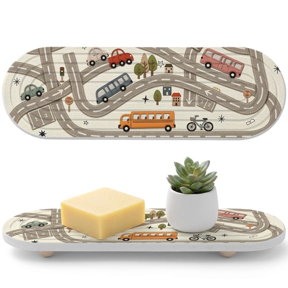 1 PCS Cars Buses Water Absorbent Diatomite Coasters Winding Roads Buildings Trees Non-silp Diatomite Stone Sink Tray with Grooved Design for Bathroom Kitchen Counter 12x4in