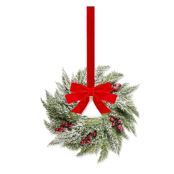 1 PCS Christmas Norfolk Wreaths, Christmas Kitchen Cabinet Wreaths, Artificial Norfolk Pine & Cypress Wreath with Red Berry Bow, Xmas Front Door Window Chair Fireplace Table Decor