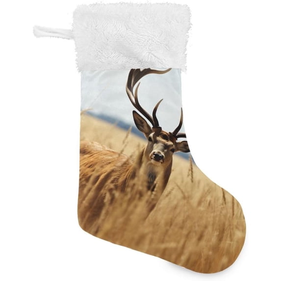 1 PCS Christmas Stocking Deer Pattern Big Warm 18 x 12 Inch Hanging Xmas Stockings Decoration for Family Party Ornaments Decor Fireplace Holiday Gift Decor