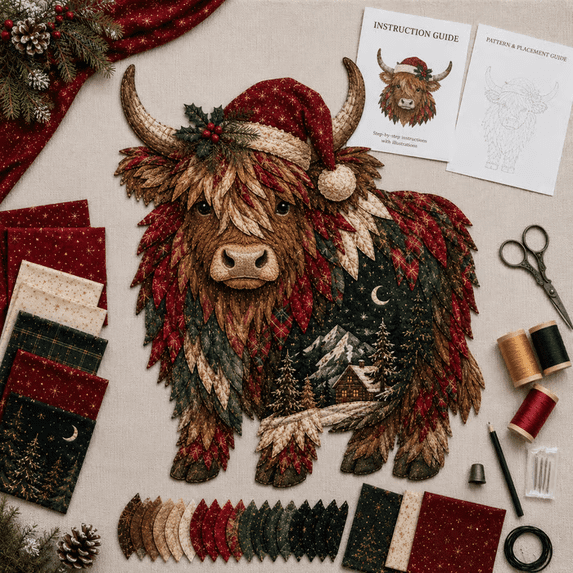 1 PCS Christmas Woodland Wildlife DIY Patchwork Kit, 2026 New Beginner Friendly Layered Fabric Craft Set, Complete Pre-Cut Supplies,Christmas Home Decor, Unique Holiday Gift(Highland Cow)